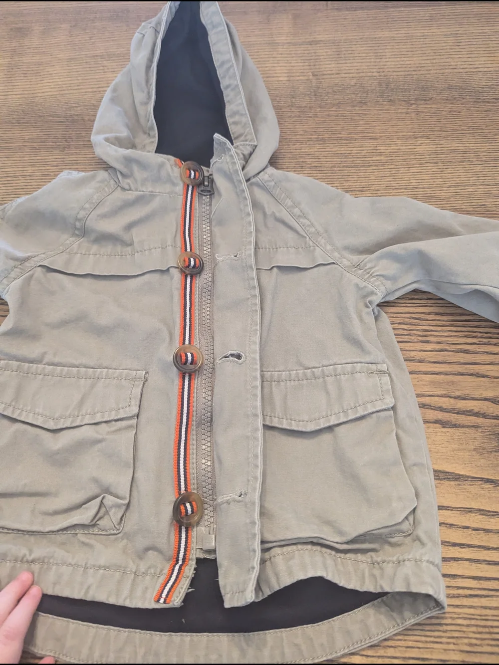 EUC Baby Gap Boys 6-12 month Khaki Beige Utility Jacket Hooded Black Lining